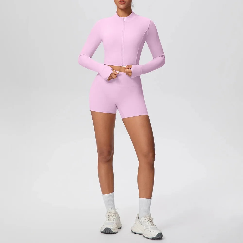 2Pieces Fitness Yoga Set Thumbhole Long Sleeve Top & Gym Shorts, Zipper Activewear for Women Yoga, Running, Workout Training