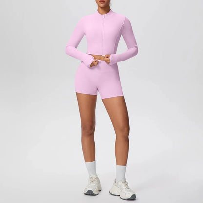 2Pieces Fitness Yoga Set Thumbhole Long Sleeve Top & Gym Shorts, Zipper Activewear for Women Yoga, Running, Workout Training