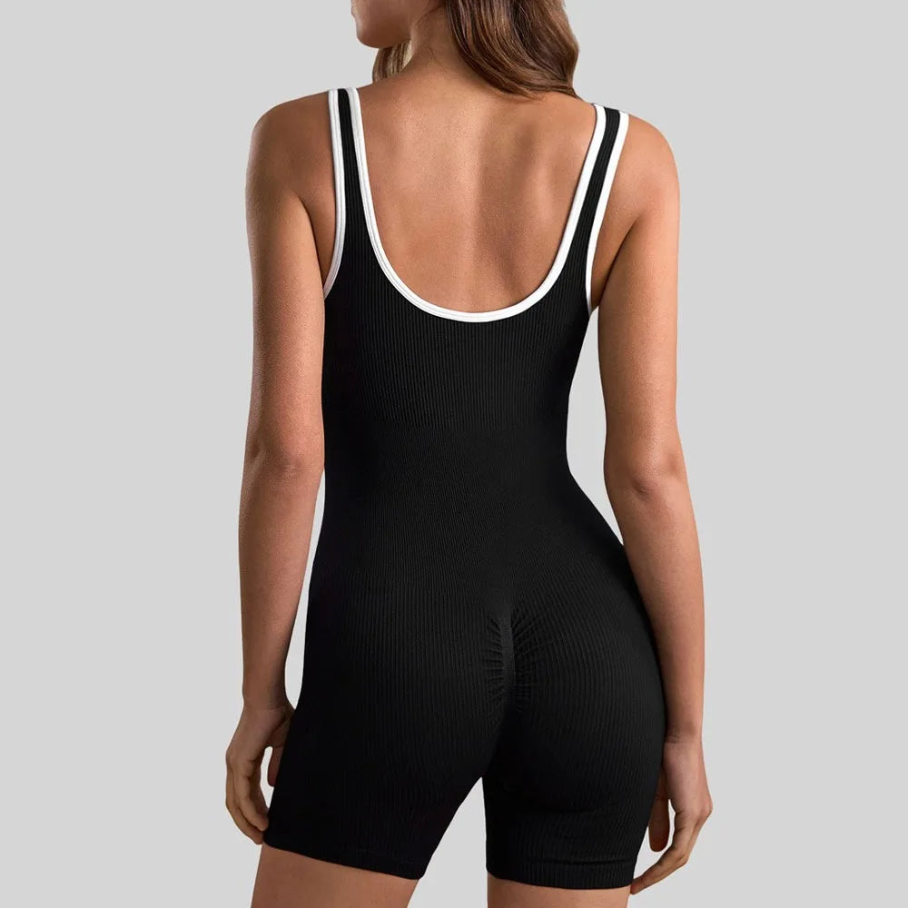 Women's V-Neck Contrast Color One-Piece Yoga Suit Seamless U-Shaped Beautiful Back, Slim-Fit Outdoor Activewear Fitness Workouts