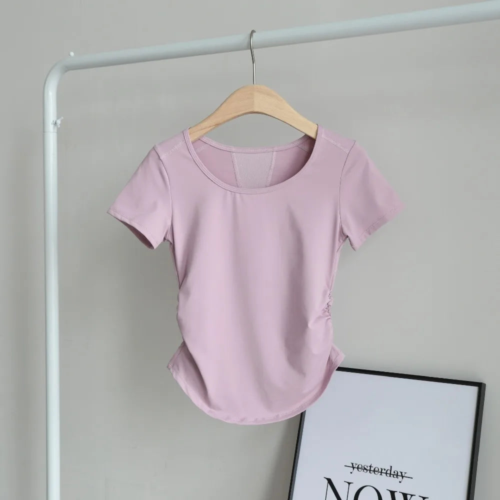 Women's Summer Ruched Waist Workout T-Shirt Mesh Panel Sports Top, Moisture-Wicking & Breathable – Yoga Gym Running Fitness Tee