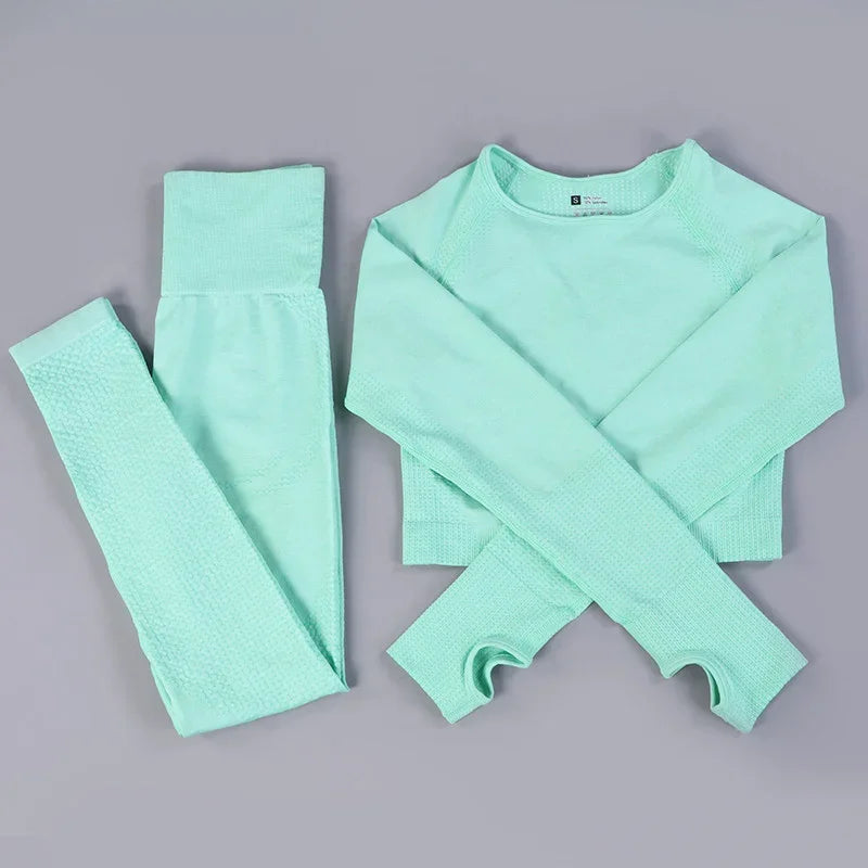 Conjunto de yoga sin costuras de leggings y top, mono de fitness, top de yoga de manga larga para mujer, ropa deportiva de gimnasio para mujer
