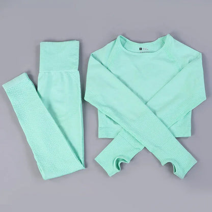 Conjunto de yoga sin costuras de leggings y top, mono de fitness, top de yoga de manga larga para mujer, ropa deportiva de gimnasio para mujer