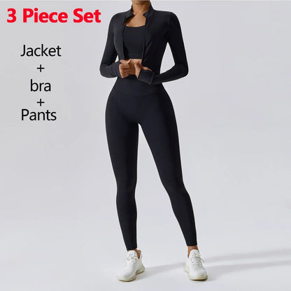 Conjunto de 3 piezas de ropa deportiva para mujer: Top de yoga, chaqueta, pantalones, leggings, sujetador deportivo, shorts ajustados, ropa de gimnasio, trajes de fitness
