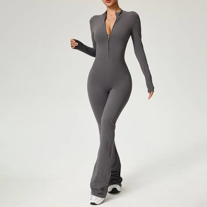 Mono con cremallera Pantalones acampanados Ropa de mujer Ropa deportiva Gimnasio Yoga Conjuntos deportivos Spandex Nylon Conjuntos de entrenamiento Chándal de mujer