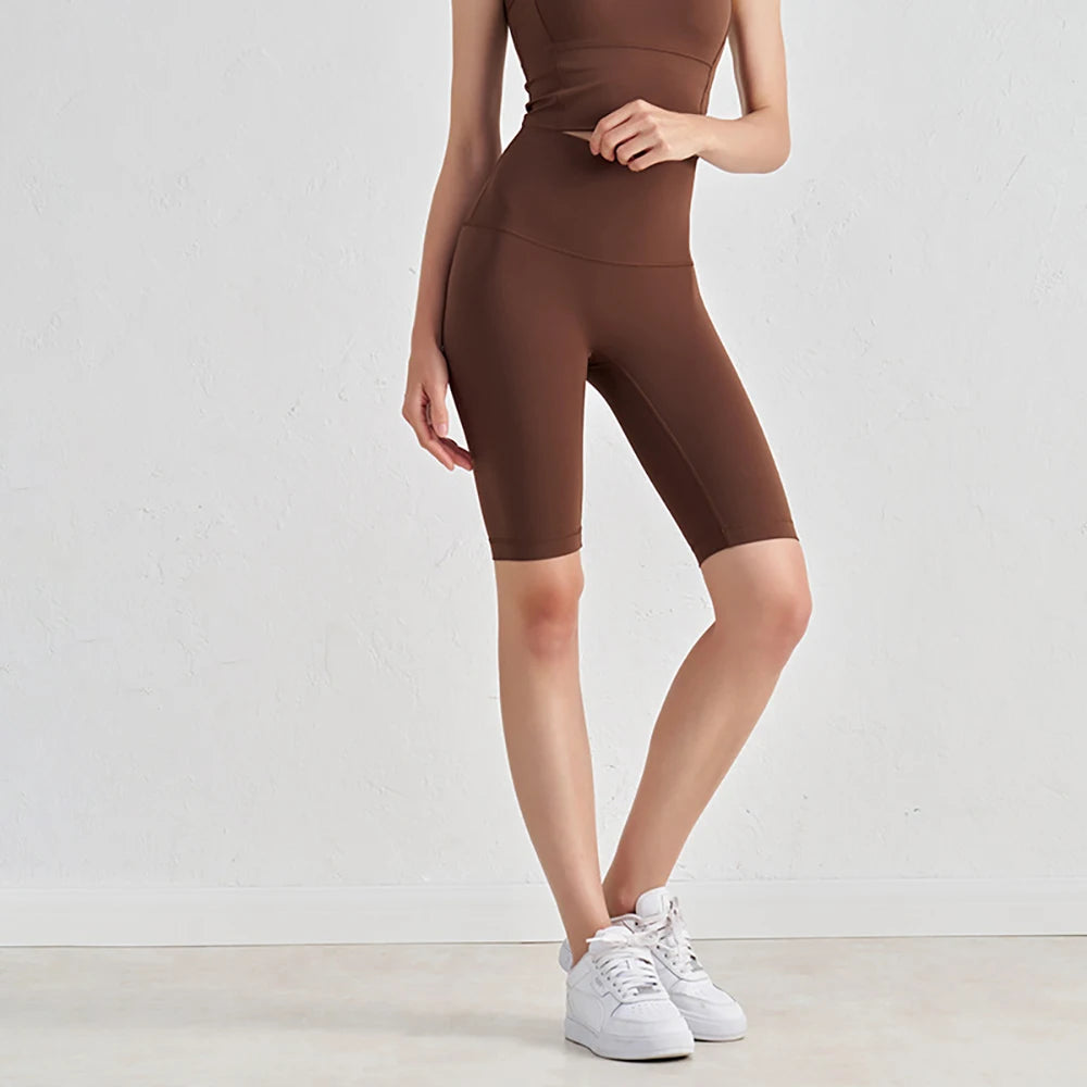 Pantalones Cortos de Yoga de Cintura Alta para Mujer hasta la Rodilla Leggings Amarillos Pantalón de Gimnasio con Efecto Push-Up Sensación Nude Ropa Deportiva para Ejercicio y Entrenamiento