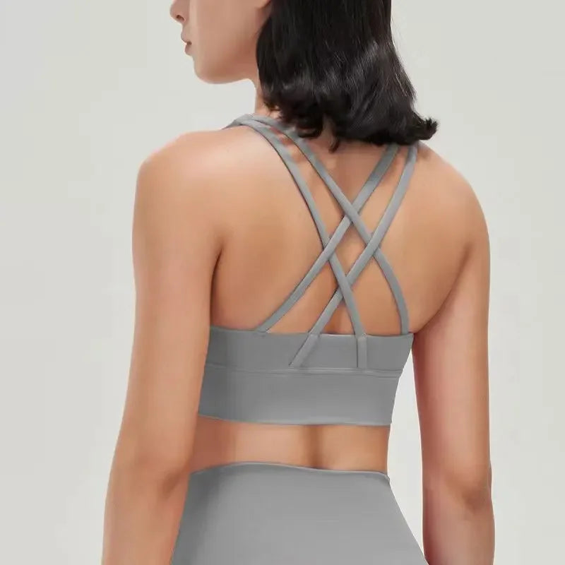 Sujetador deportivo de fitness para mujer, push-up, sin aros, acolchado, con tiras cruzadas, para correr, gimnasio, entrenamiento, yoga, top corto de ropa interior