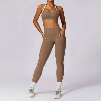 2Pcs Women Gym Workout Set - Backless Yoga Sports Bra Short-Sleeved Shirt Running Leggings, High Waist Fitness Active Wear