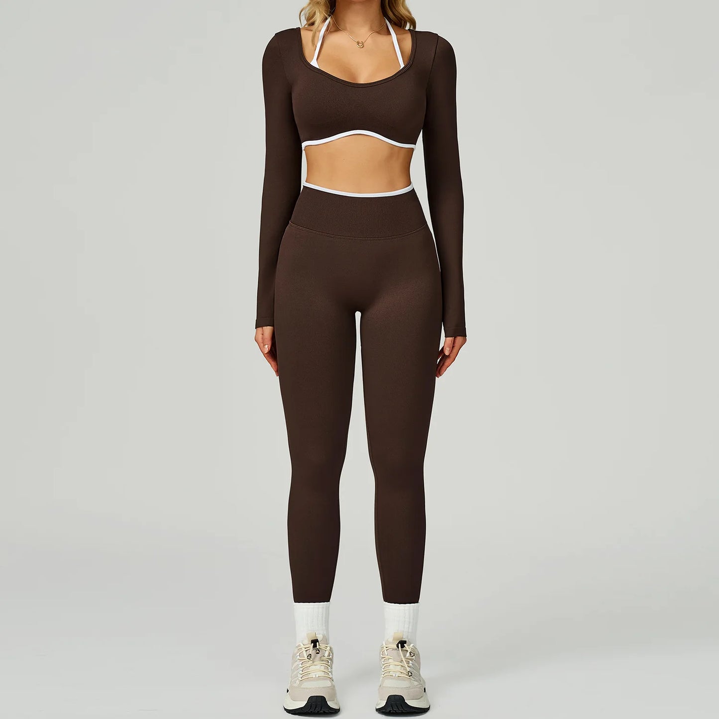 Women's Gym Seamless Contrast Color Yoga Set - Hollow Back Workout Shirt High Waist Fitness Leggings Tight Outdoor Outfit