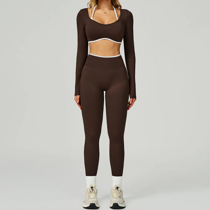 Women's Gym Seamless Contrast Color Yoga Set - Hollow Back Workout Shirt High Waist Fitness Leggings Tight Outdoor Outfit