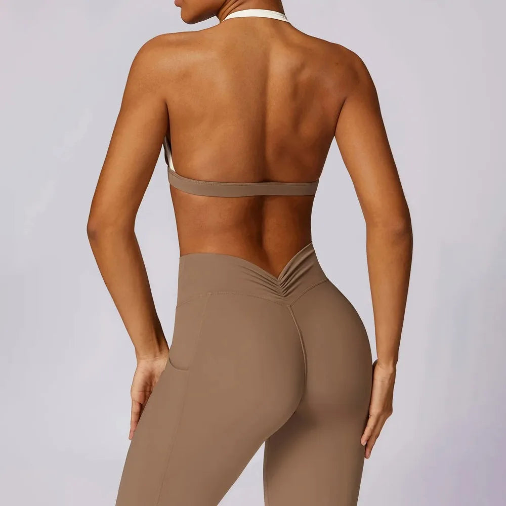 2Pcs Women Gym Workout Set - Backless Yoga Sports Bra Short-Sleeved Shirt Running Leggings, High Waist Fitness Active Wear