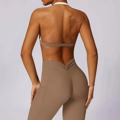2Pcs Women Gym Workout Set - Backless Yoga Sports Bra Short-Sleeved Shirt Running Leggings, High Waist Fitness Active Wear