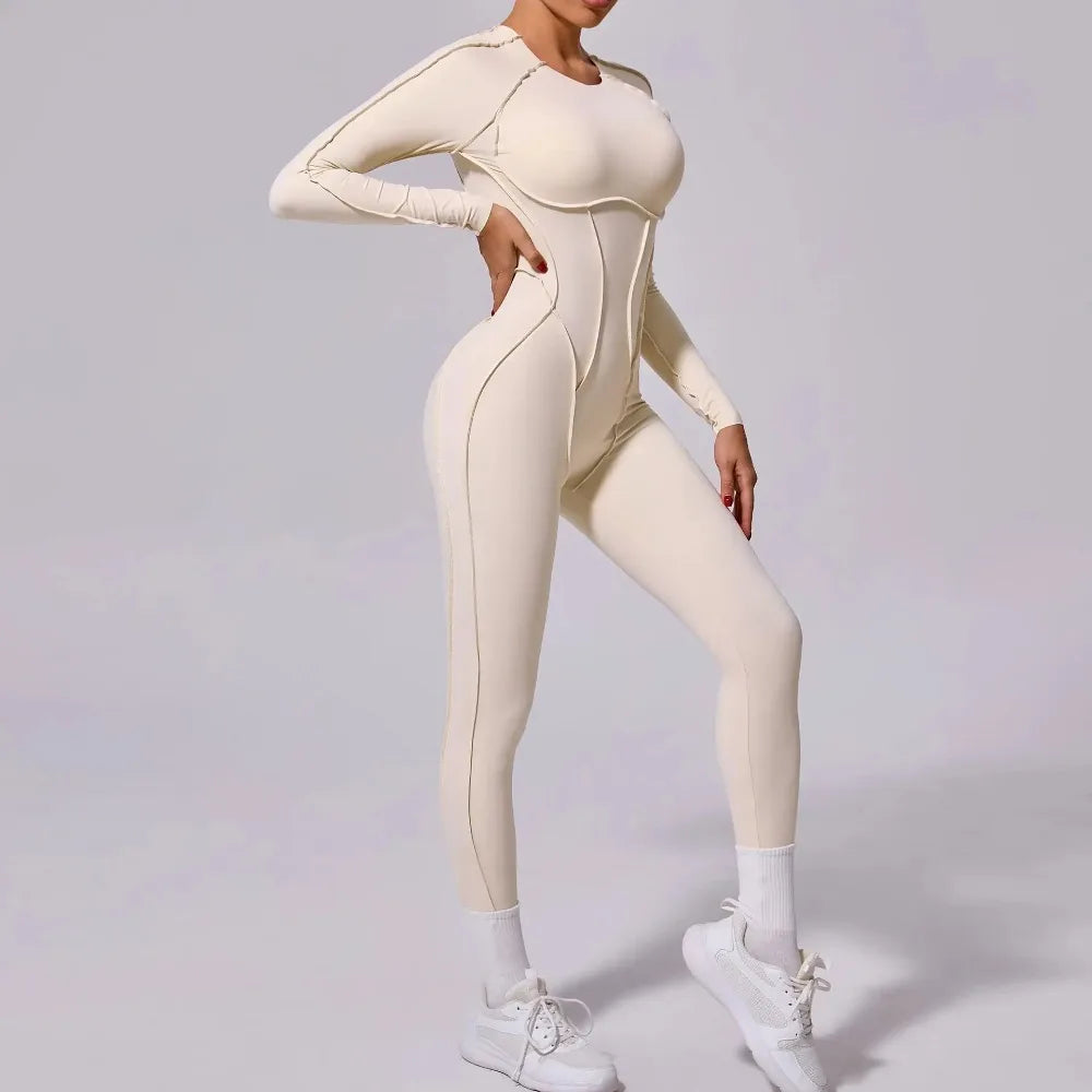 Women's Long Sleeve One-piece Yoga Jumpsuit - Gym Training Suit, High Elastic Fitness Bodysuits, Moisture Wicking Sportswear Set