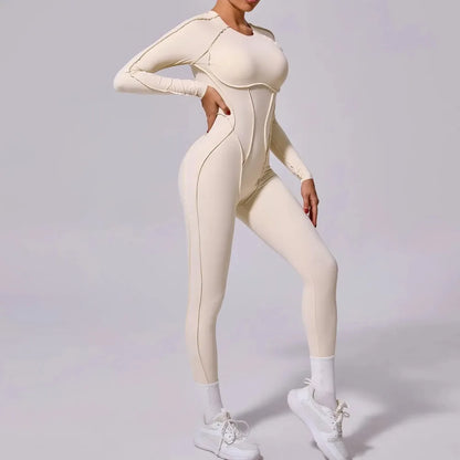 Women's Long Sleeve One-piece Yoga Jumpsuit - Gym Training Suit, High Elastic Fitness Bodysuits, Moisture Wicking Sportswear Set