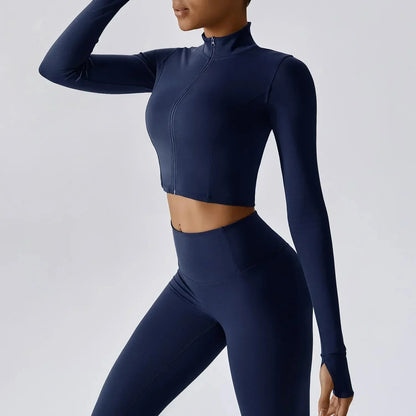 Sports Long Sleeved Women Slim Yoga Clothes Quick Dry Zipper Cardigan Stand Up Collar Jacket Running Fitness Jacket Outdoor Top