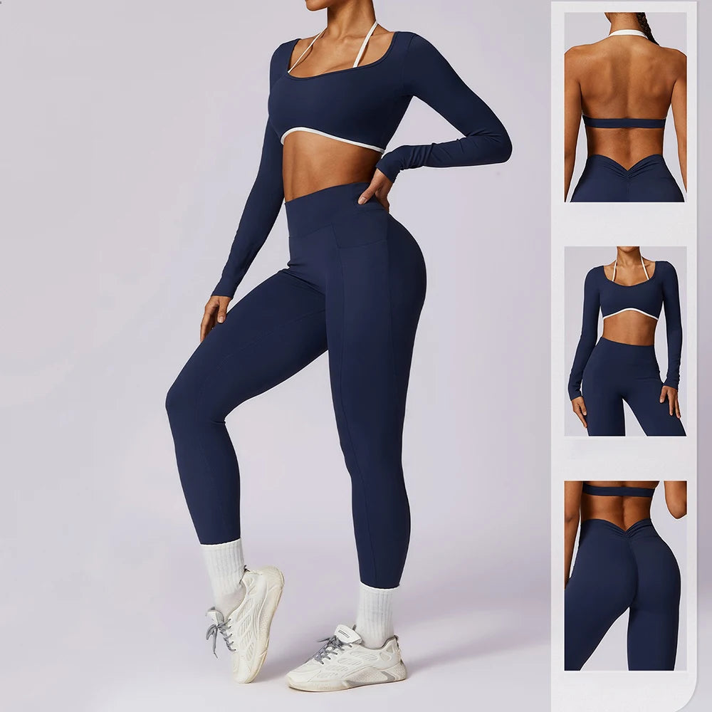 Traje de yoga de mujer con espalda hermosa y colores contrastantes, ropa deportiva ajustada para yoga, fitness y uso diario