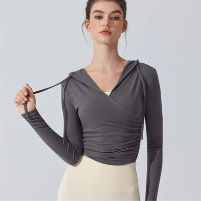 Camiseta de yoga con capucha de manga larga para mujer - Camiseta de entrenamiento con cuello en V ajustada para Pilates, gimnasio, ropa deportiva, blusa