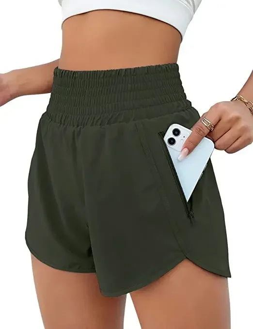 Women High Waist Sport Shorts Elastic Waistband with Side Pockets Casual Fitness Jogging Training Bottoms for Outdoor Activities