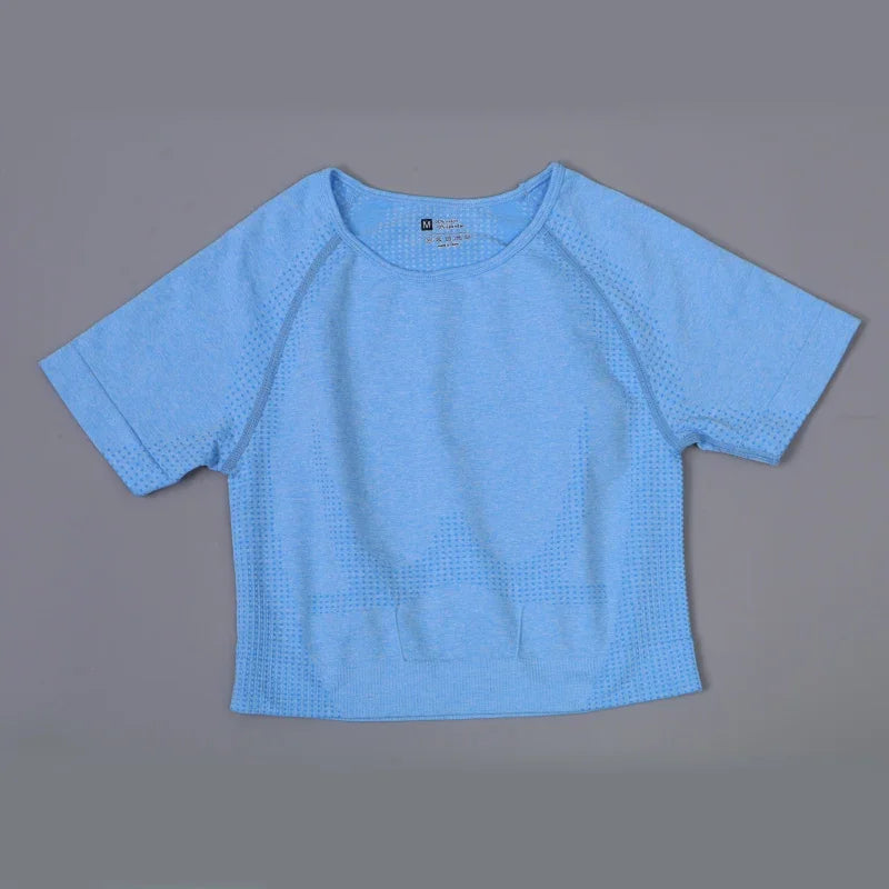 Camiseta de Yoga Sin Costuras con Diseño de Puntos para Mujer, Top Corto, Camiseta Transpirable de Secado Rápido para Entrenar, Tops de Yoga, Gimnasio, Fitness, Manga Corta, Gran Venta
