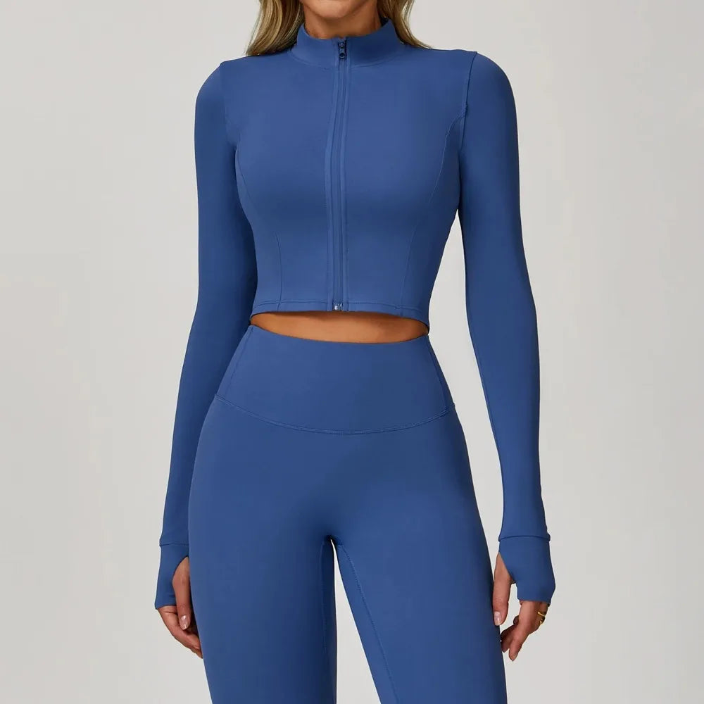 Sports Long Sleeved Women Slim Yoga Clothes Quick Dry Zipper Cardigan Stand Up Collar Jacket Running Fitness Jacket Outdoor Top