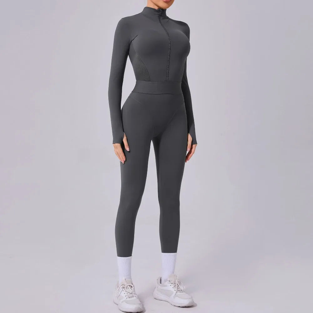 Women's Yoga Jumpsuit – Two-Side Mesh Design, Tight Elastic Waistband Thumb Hole Slim-Fit Activewear for Sports Fitness Workouts
