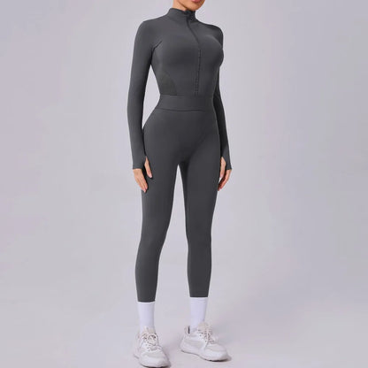 Women's Yoga Jumpsuit – Two-Side Mesh Design, Tight Elastic Waistband Thumb Hole Slim-Fit Activewear for Sports Fitness Workouts