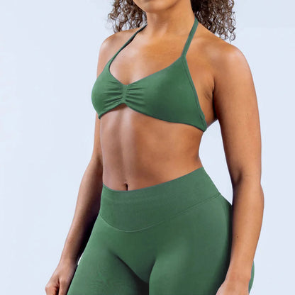 Seamless Nylon Halter Yoga Bra Women Backless High Support Workout Sports Bra Breathable Stretch Fitness Activewear Intimate Top