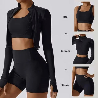 Conjunto de yoga 3 piezas traje deportivo para mujer ropa de yoga de secado rápido chaquetas de gimnasia ropa deportiva para mujer chaquetas de running conjunto para mujer