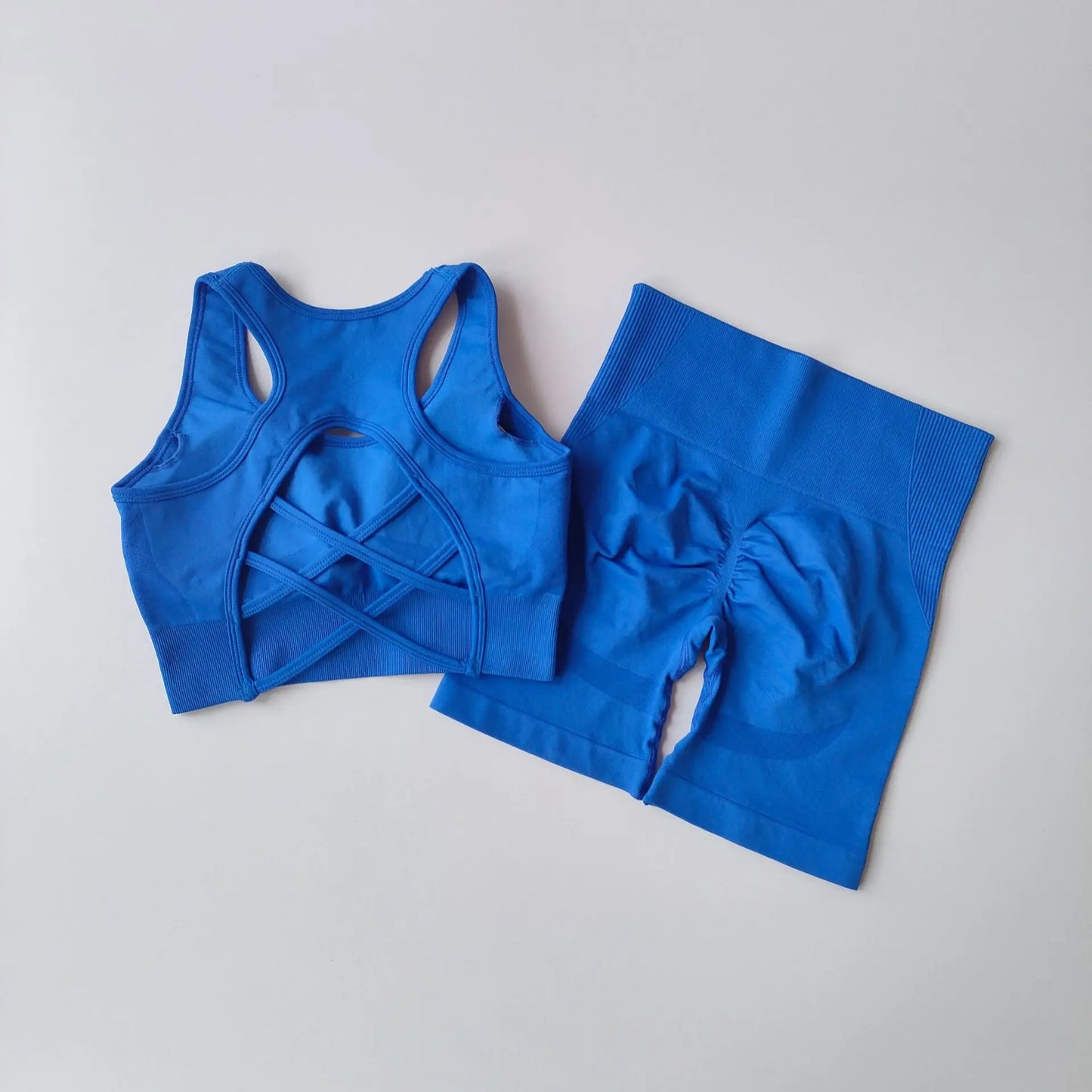Conjunto de 2 piezas sin costuras de yoga para mujer – Pantalones cortos y top de secado rápido, ropa deportiva de espalda cruzada – Conjunto de fitness para correr, yoga y entrenamientos