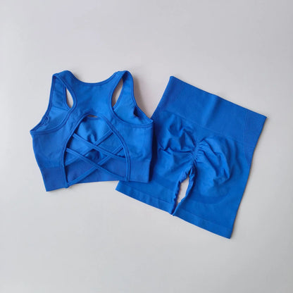 Conjunto de 2 piezas sin costuras de yoga para mujer – Pantalones cortos y top de secado rápido, ropa deportiva de espalda cruzada – Conjunto de fitness para correr, yoga y entrenamientos