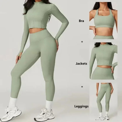 Conjunto de yoga 3 piezas traje deportivo para mujer ropa de yoga de secado rápido chaquetas de gimnasia ropa deportiva para mujer chaquetas de running conjunto para mujer