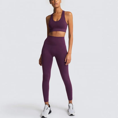 Conjunto de yoga sin costuras para mujer, top corto de fitness y leggings de talle alto con control de abdomen y sujetador incorporado para Pilates, gimnasio y running