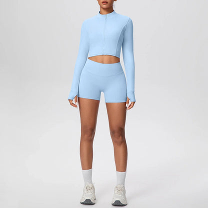 2Pieces Fitness Yoga Set Thumbhole Long Sleeve Top & Gym Shorts, Zipper Activewear for Women Yoga, Running, Workout Training
