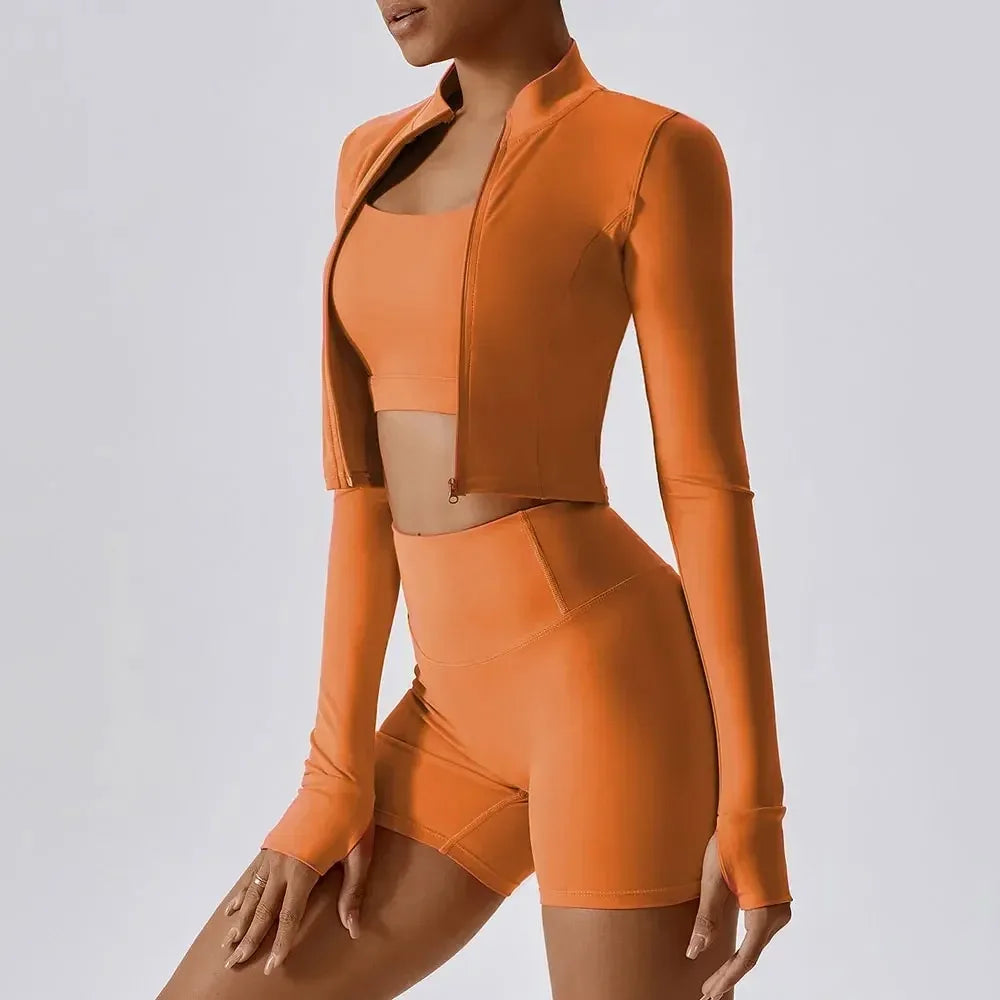 Sports Long Sleeved Women Slim Yoga Clothes Quick Dry Zipper Cardigan Stand Up Collar Jacket Running Fitness Jacket Outdoor Top