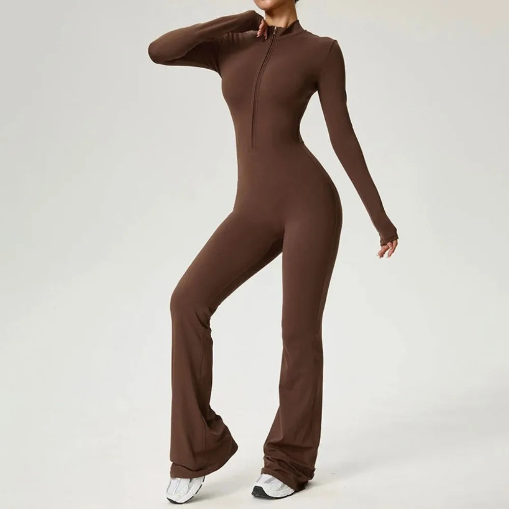 Mono con cremallera Pantalones acampanados Ropa de mujer Ropa deportiva Gimnasio Yoga Conjuntos deportivos Spandex Nylon Conjuntos de entrenamiento Chándal de mujer