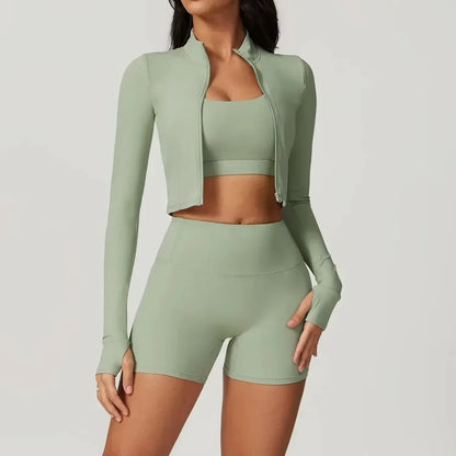 Conjunto de 3 piezas de ropa deportiva para mujer: Top de yoga, chaqueta, pantalones, leggings, sujetador deportivo, shorts ajustados, ropa de gimnasio, trajes de fitness