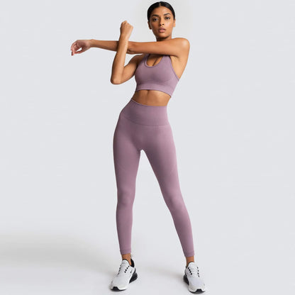 Conjunto de yoga sin costuras para mujer, top corto de fitness y leggings de talle alto con control de abdomen y sujetador incorporado para Pilates, gimnasio y running