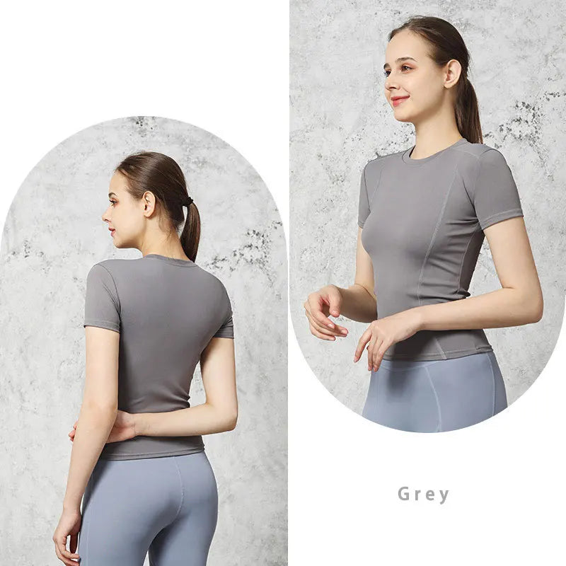 Camiseta deportiva ajustada de secado rápido, slim fit, para exteriores, de manga corta, para gimnasio, correr, ropa de yoga para mujer