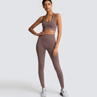 Conjunto de yoga sin costuras para mujer, top corto de fitness y leggings de talle alto con control de abdomen y sujetador incorporado para Pilates, gimnasio y running
