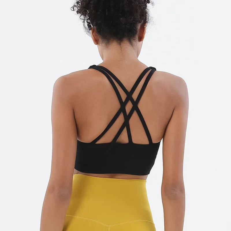 Sujetador deportivo de fitness para mujer, push-up, sin aros, acolchado, con tiras cruzadas, para correr, gimnasio, entrenamiento, yoga, top corto de ropa interior