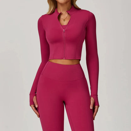 Sports Long Sleeved Women Slim Yoga Clothes Quick Dry Zipper Cardigan Stand Up Collar Jacket Running Fitness Jacket Outdoor Top