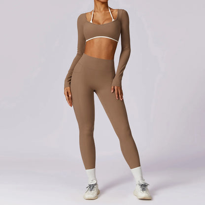 2Pcs Women Gym Workout Set - Backless Yoga Sports Bra Short-Sleeved Shirt Running Leggings, High Waist Fitness Active Wear