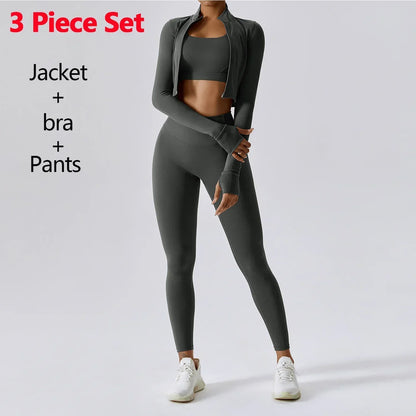 Conjunto de 3 piezas de ropa deportiva para mujer: Top de yoga, chaqueta, pantalones, leggings, sujetador deportivo, shorts ajustados, ropa de gimnasio, trajes de fitness