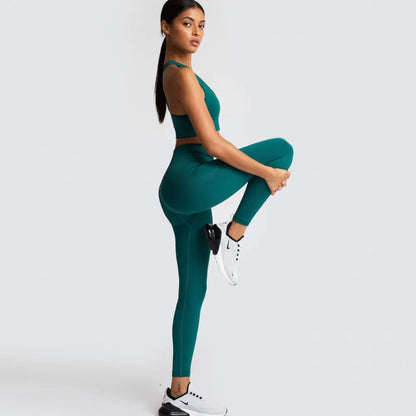 Conjunto de yoga sin costuras para mujer, top corto de fitness y leggings de talle alto con control de abdomen y sujetador incorporado para Pilates, gimnasio y running