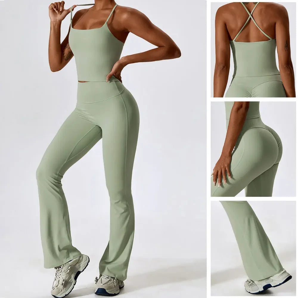 Conjuntos de dos piezas Naked Feeling para mujer, top corto acolchado, pantalones acampanados con efecto push-up, chándal de yoga, conjunto de gimnasio y ropa deportiva para mujer