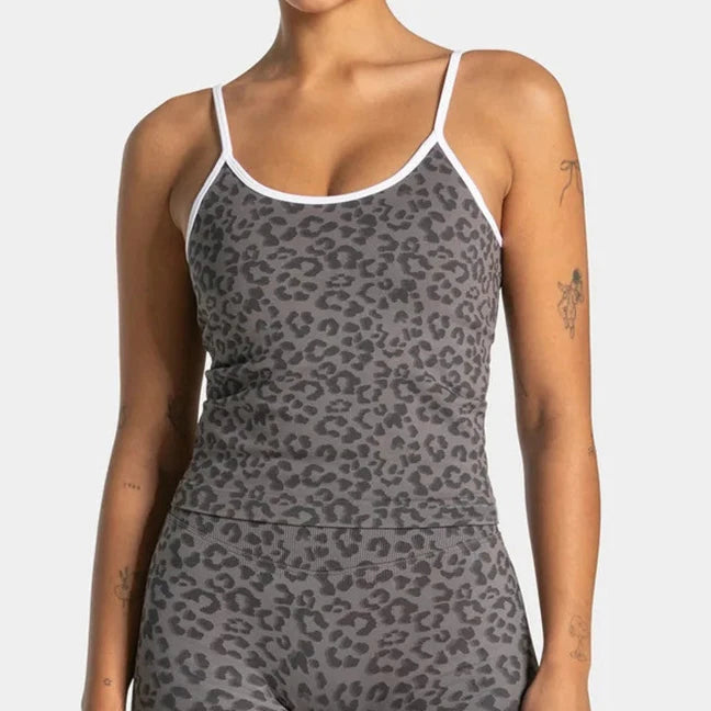 Leopard Print Yoga Tank Top Outdoor Fitness Workout with Removable Pads Sleeveless Sports Vest for Athletic Training Activities