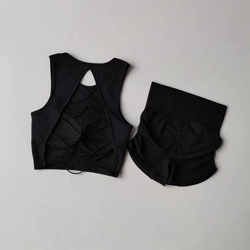 2025 Women's Seamless Racerback Yoga Set – Sports Bra + Shorts – Moisture-Wicking Activewear for Running, Fitness & Workouts