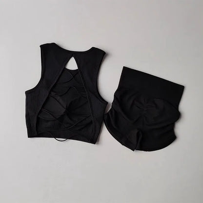 2025 Women's Seamless Racerback Yoga Set – Sports Bra + Shorts – Moisture-Wicking Activewear for Running, Fitness & Workouts
