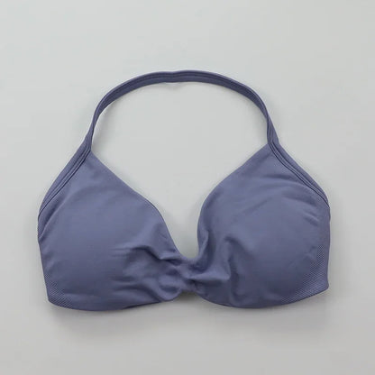 Sujetador deportivo tipo halter con tirantes y escote en V para mujer, soporte bajo, fruncido, espalda abierta sexy, top corto de gimnasio, copas acolchadas, sin costuras, para entrenamiento o yoga