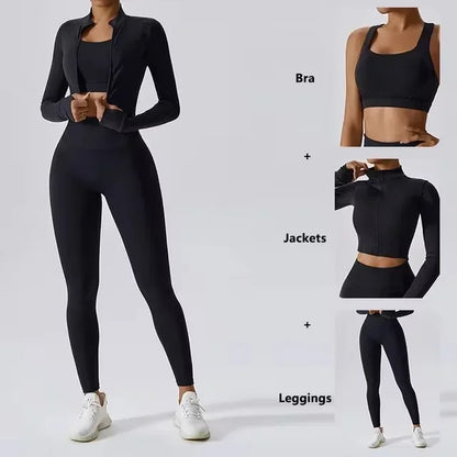 Conjunto de yoga 3 piezas traje deportivo para mujer ropa de yoga de secado rápido chaquetas de gimnasia ropa deportiva para mujer chaquetas de running conjunto para mujer