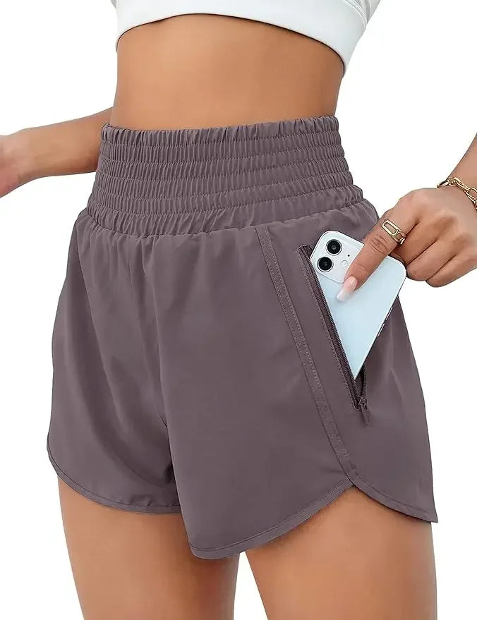 Women High Waist Sport Shorts Elastic Waistband with Side Pockets Casual Fitness Jogging Training Bottoms for Outdoor Activities